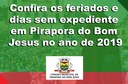 Confira os feriados e dias sem expediente em Pirapora do Bom Jesus em 2019