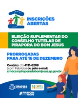 Estão abertas as inscrições para a eleição suplementar do Conselho Tutelar de Pirapora do Bom Jesus. 👶🏻👦🏽👩🏼