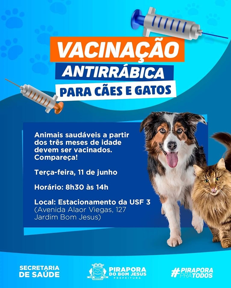 Na próxima terça-feira, 11 de junho, teremos mais uma etapa da vacinação antirrábica em Pirapora. 